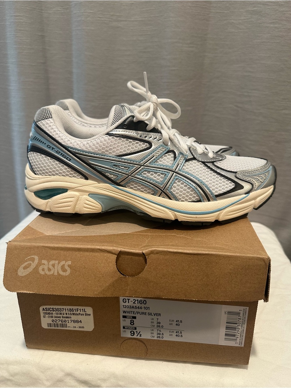 NEW ASICS GT-2160 Unisex Sneakers White Pure Silver Light Blue